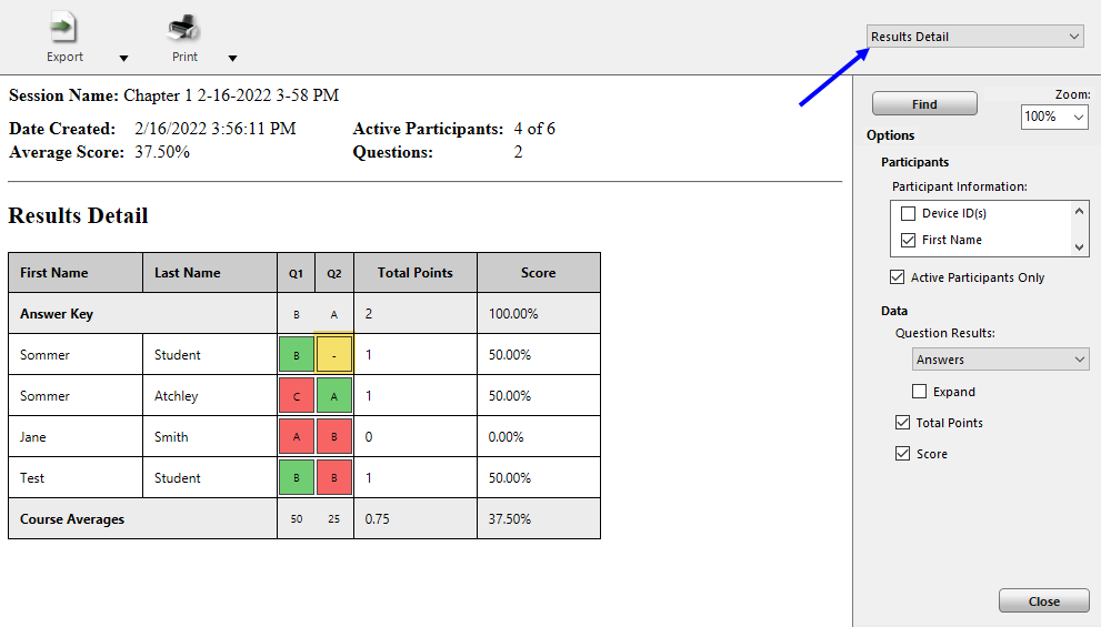 Screenshot of the Results Detail report with a hyphen instead of a score for a student highlighted