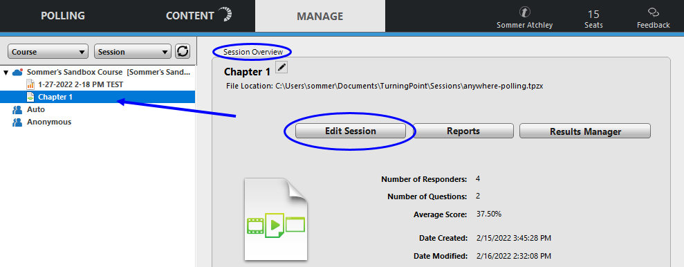 Screenshot of the Session Overview screen with the selected Session and Edit Session button highlighted