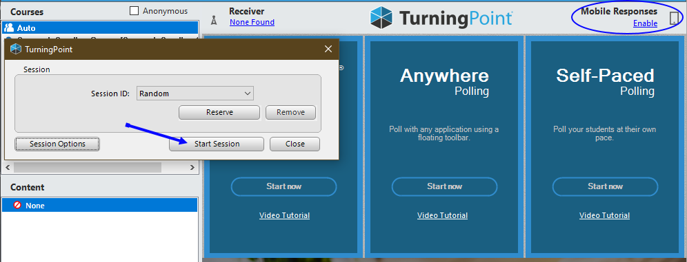 Screenshot of the TurningPoint desktop app with Mobile Responses highlighted with an arrow pointing to Start Session in the window that opens after clicking Enable