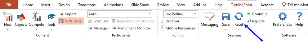 Screenshot of the TurningPoint Ribbon in PowerPoint with an arrow pointing to Reset