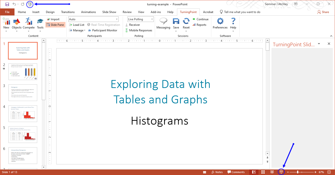 Screenshot of PowerPoint with arrows pointing to the Start from Beginning icon at the top of the screen and the Slide Show button at the bottom