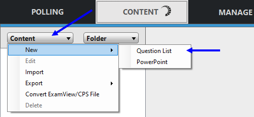 Screenshot of the Content tab in TurningPoint desktop app with Content drop-down menu and Question List highlighted