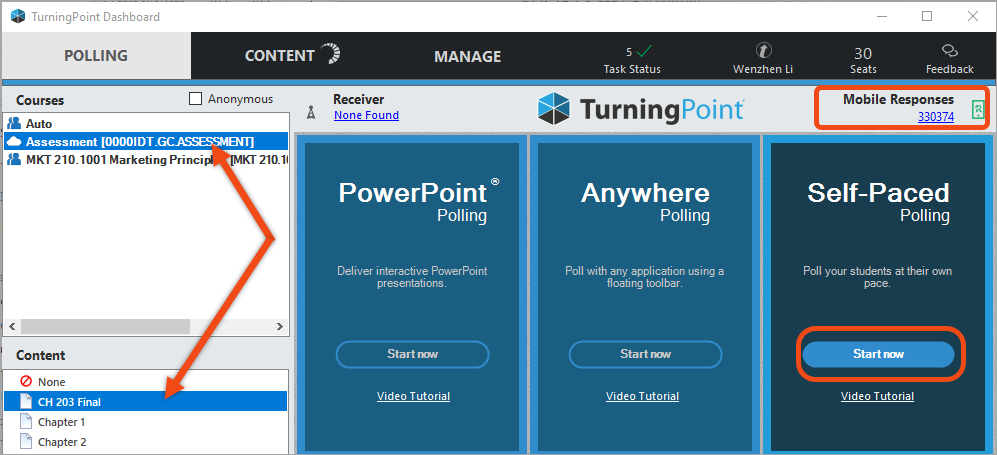 A screenshot of the Polling tab in the TurningPoint desktop app, with arrows pointing to the course list and the question list. Mobile responses and the Self-paced polling tile are highlighted