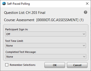 A screenshot of the dialogue box with test options for self-paced polling