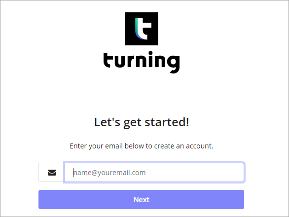 A screenshot of the Turning Technologies account registration page. A box where an email address can be entered. An Next button for users to click and start the registration process.