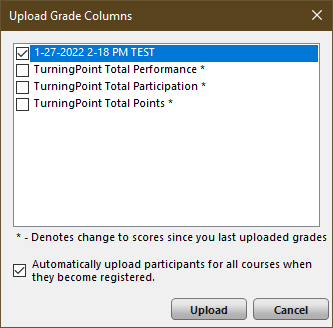 Screenshot of Upload Grade Columns window with one selected column and the “Automatically upload participants for all courses when they become registered” option selected