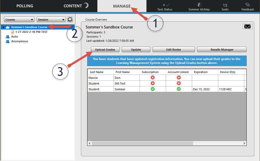 Screenshot of the TurningPoint dashboard with arrows pointing to Manage, Course, and Upload Grades