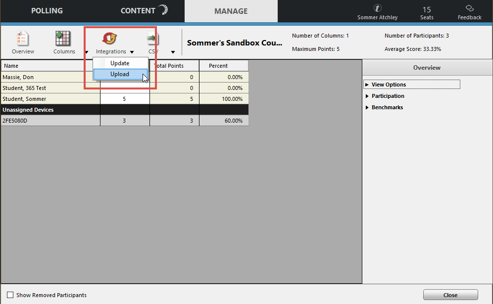 Screenshot of Results Manager with Integrations menu activated and Upload highlighted