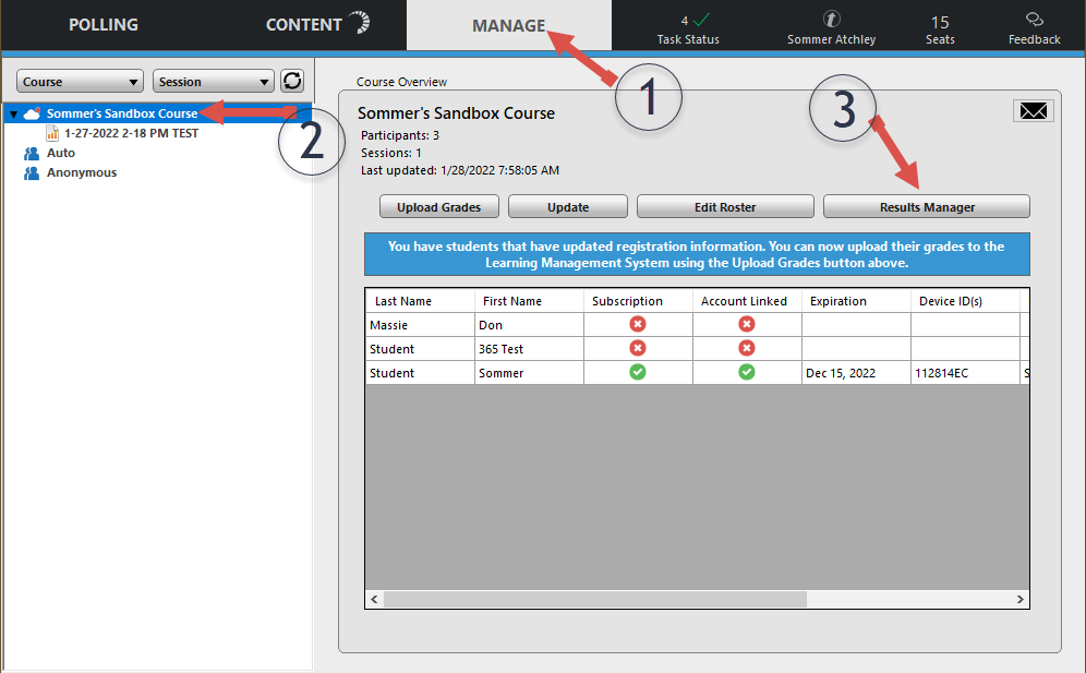 Screenshot of TurningPoint dashboard with arrows pointing to Manage, Course, and Results Manager