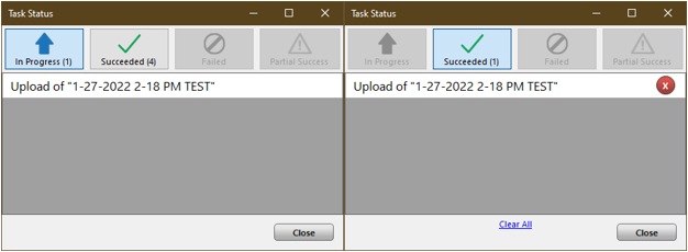 Screenshot of two Task Status windows: one with status “In Progress” and the other with status “Succeeded.”
