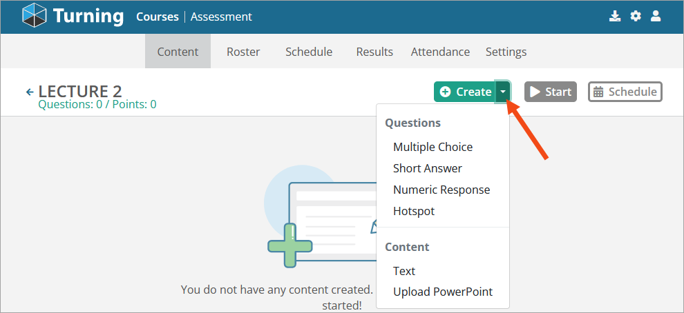 Screenshot of content options.  An arrow points to the Create button with drop-down menu