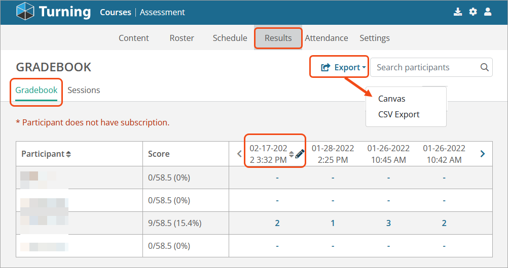 Screenshot of the Results page, showing an example gradebook