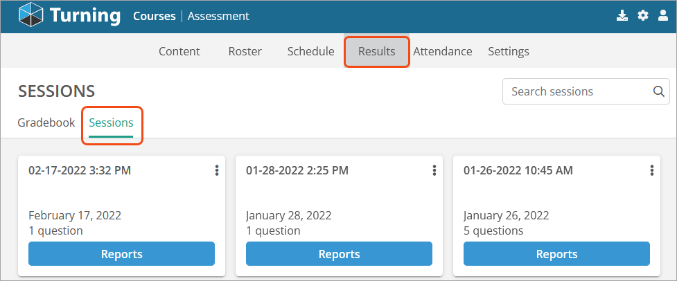 Screenshot of the Results page with session files. Each session file has a link to the session report