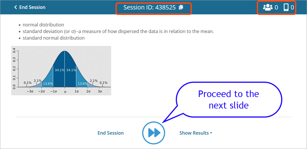 Screenshot of a slide during presentation. At the top of the slide are the session ID, the head count of students in session and those that have responded when applicable. At the bottom of the slide are the forward button, the End Session button and Show Results button