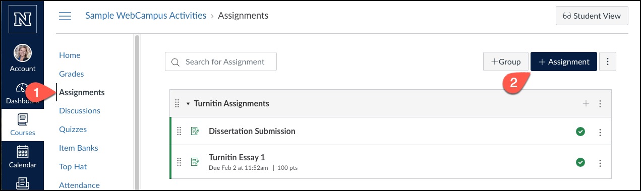 Screenshot of the WebCampus Assignments page, with Assignments on the course menu marked as number 1 and the +Assignment button marked with number 2.
