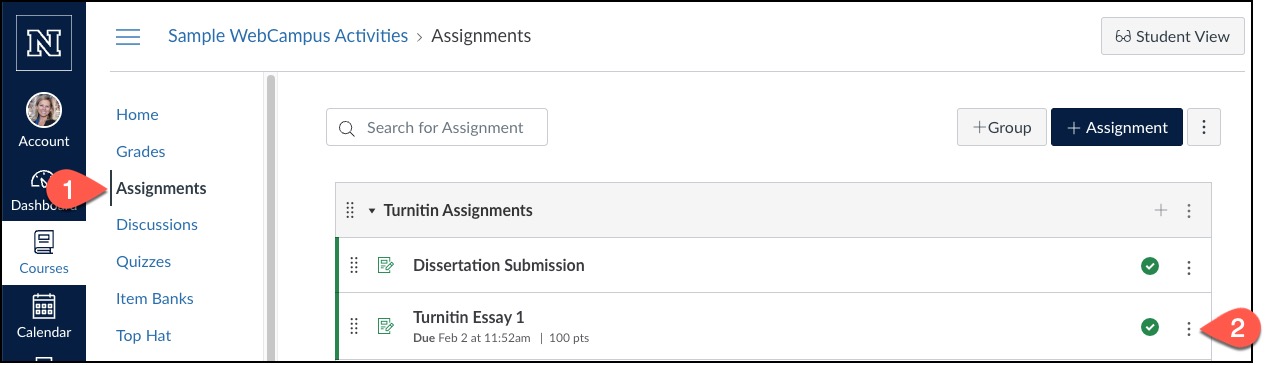 Screenshot of the WebCampus Assignments page, with Assignments on the course menu marked as number 1 and the additional options button marked with number 2.