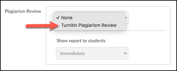 Screenshot of the Plagiarism Review box with drop down menu showing, and a red arrow pointing to the Turnitin Plagiarism Review setting.