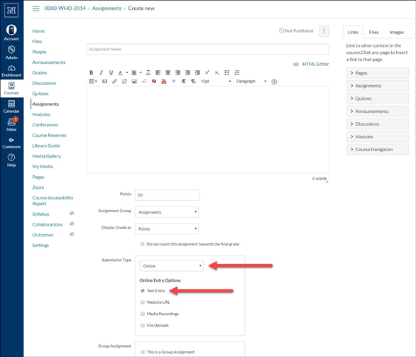 Screenshot of the WebCampus Assignment editor with arrows indicating that the submission type is set to online for this example and that the text entry checkbox is selected.