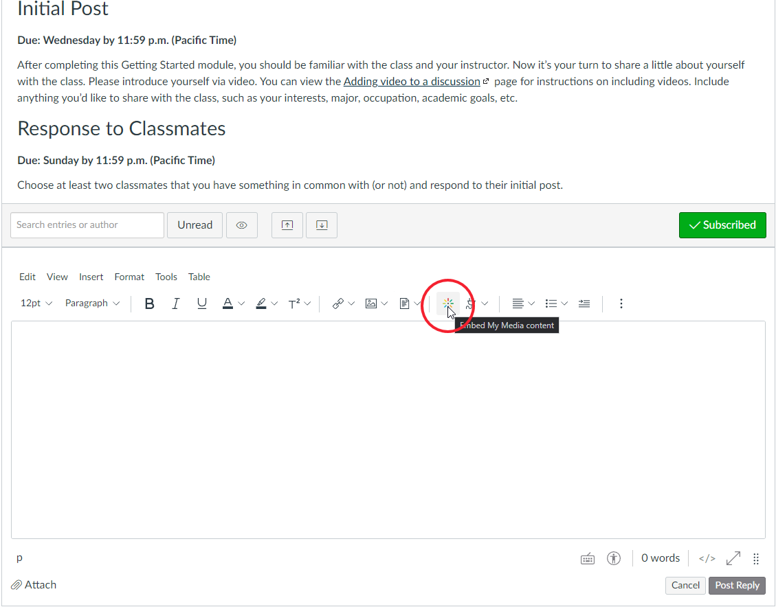 WebCampus Discussion interface. The “Embed My Media content” tool is circled on the rich text editor toolbar