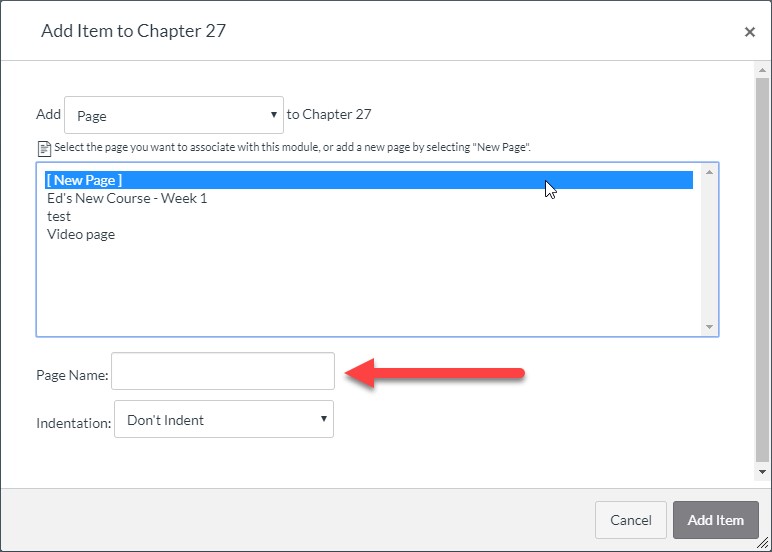 Screen clipping of the Module Add Item window in WebCampus. "Page" is selected from the Add drop-down menu. "New page" is selected from the list of options. An arrow indicates the page name field.