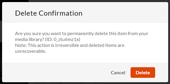 Screen clipping of the delete confirmation dialog which asks the user whether or not they want to permanently delete the media item from the library. The prompt contains a Delete and Cancel button.