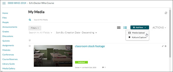 Screen clipping of the My Media page in WebCampus. The "Add New" drop-down is activated with the "Media Upload" option selected