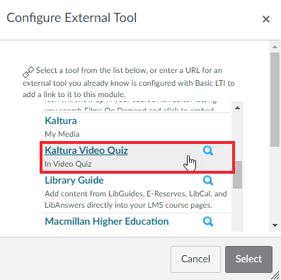 Screenshot of the Configure External Tool pop-up window. Kaltura Video Quiz is highlighted.