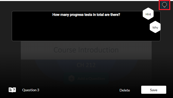 Screenshot of question interface of the video quiz editor. The hint/why icon is highlighted.