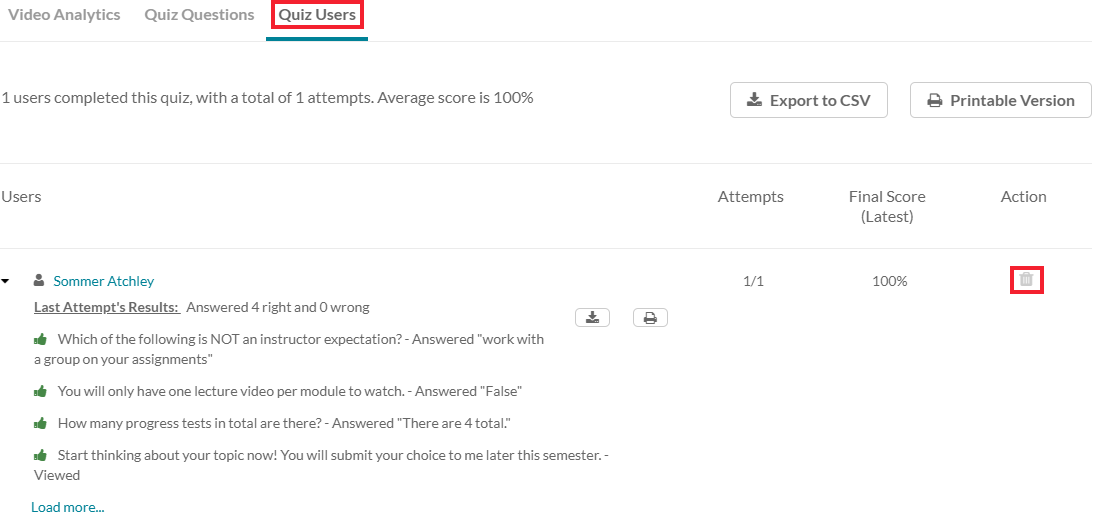 Screenshot of the analytics page in a video quiz. Quiz Users and the delete icon are highlighted.