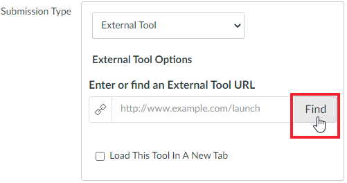 Screenshot of the Submission Type area of the Add New Assignment page in WebCampus. The type is set to External Tool and the Find button is highlighted.
