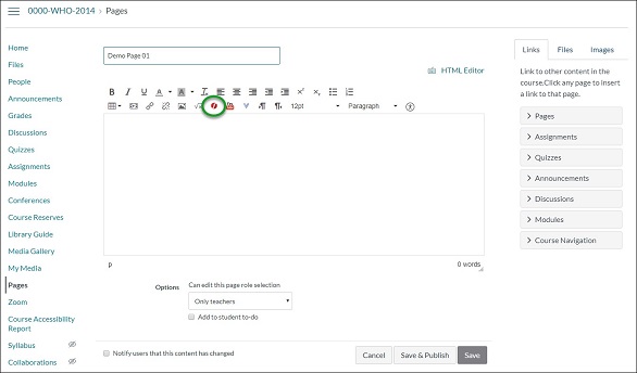 Screenshot of the Pages edit page. The Rich Text Editor is shown, and the Films on Demand icon is circled.