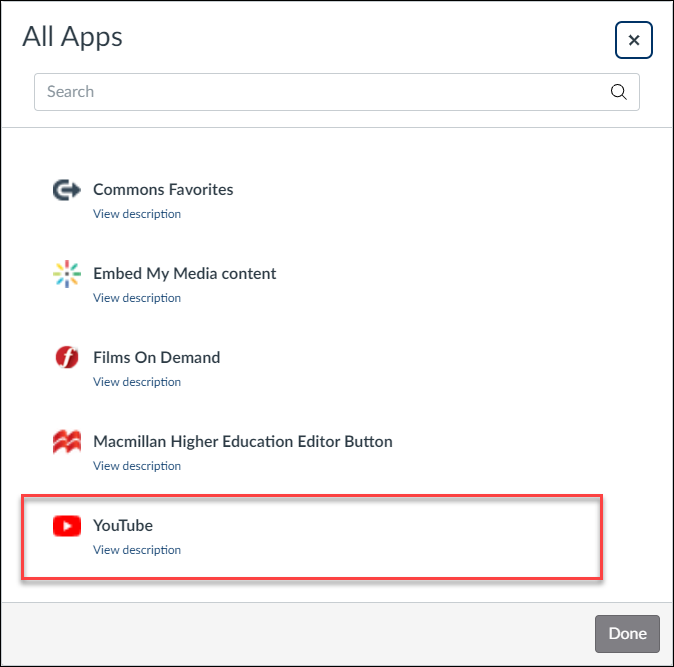 Screenshot of the All Apps window.  The YouTube option is highlighted