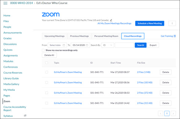 Screen clipping of the Zoom page in WebCampus. The cloud recording tab is displayed with example cloud recordings listed
