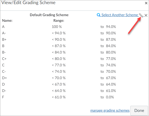 WebCampus “View/Edit Grading Scheme” window. The default includes a grade “Name” column and associated grade ranges. An arrow points to the Edit Grading Scheme button