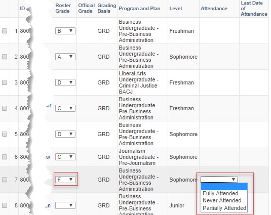 course roster in MyNEVADA with columns for student ID, Roster Grade, Official Grade, Grading Basis, Program and Plan, Level, Attendance and Last Date of Attendance. The Attendance drop-down menu is activated for one student, showing users where to select the attendance information for students that receive an “F” in the Roster Grade column