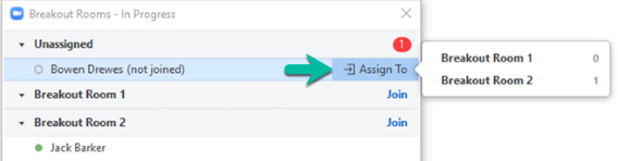 Screen capture of the breakout rooms interface with a student listed under the ‘Unassigned’ section. An arrow is pointing to the ‘Assign To’ option, that has a flyout menu that lists each breakout room.