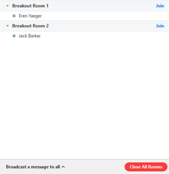 Screen capture of the breakout rooms interface with two breakout rooms listed, and ‘Join’ links adjacent to each room. There is also a ‘Broadcast a message to all’ option shown in the interface.