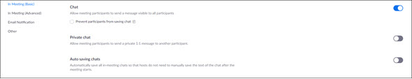 Screen clipping of the Zoom Settings screen as it appears when adjusting your default settings via the UNR Zoom web site. The following options are shown/selected – Chat: On; Private Chat: Off; Auto saving chats: Off.