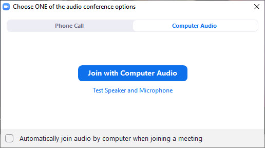 Screenshot of the Zoom audio conference options window that opens when joining a Zoom meeting