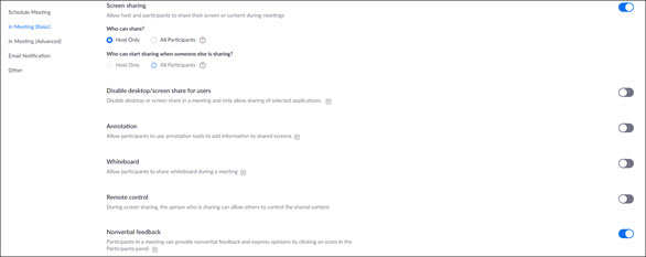 Screen clipping of the Zoom meeting options screen as it appears when scheduling a new meeting via the UNR Zoom web site. The following options are shown/selected – Screen sharing: On, Host Only; Disable desktop screen share for users: Off; Annotation: Off; Whiteboard: Off; Remote control: Off; Nonverbal feedback: On.