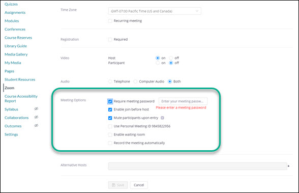 Screen clipping of the lower half of the Zoom new meeting creation interface in WebCampus. The Meeting options area is highlighted. Options “Require meeting password,” “Enable join before host,” and “Mute participants upon entry” are selected.