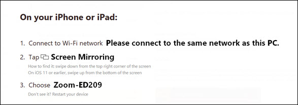 Screenshot showing the Screen Mirroring connection information for the iPhone/iPad