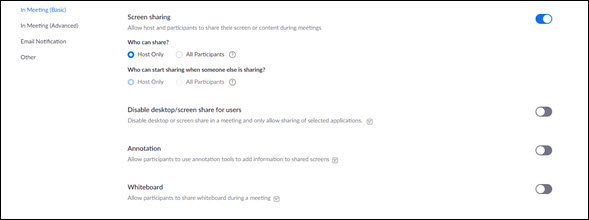 Screen clipping of the Screen sharing meeting options located under Settings>In Meeting (Basic). The Screen sharing option is enabled; Who can share is set to “Host Only”; The Disable desktop/screen share for users option is disabled; The Annotation option is disabled; The Whiteboard option is disabled.