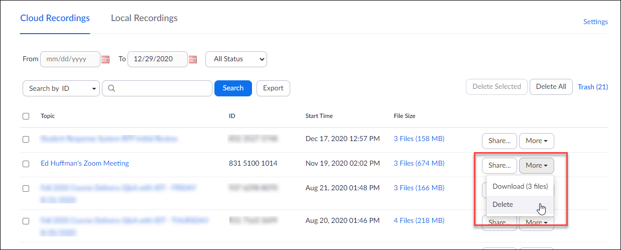 Screen capture of the cloud recordings list on the Zoom web portal. The More drop-down menu is activated and the Delete item on that menu is circled.