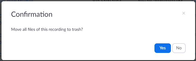 Screen clipping of the delete cloud recording confirmation dialog. The user may confirm yes, or cancel by clicking on no.