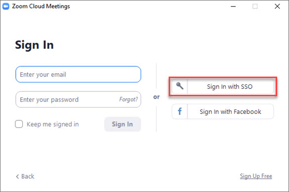 Screenshot of the Zoom application log in screen with the Sign In with SSO link highlighted