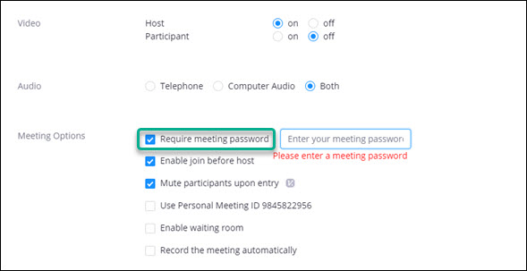 Screen clipping of the Meeting Options area of the Zoom new meeting creation interface. Options “Require meeting password,” “Enable join before host,” and “Mute participants upon entry” are selected. The option “Require meeting password” is highlighted.
