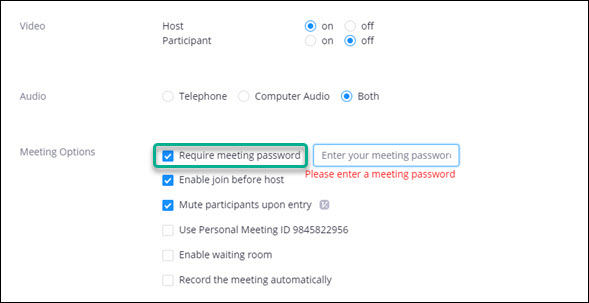 Screen clipping of the Meeting Options area of the Zoom new meeting creation interface. Options “Require meeting password,” “Enable join before host,” and “Mute participants upon entry” are selected. The option “Require meeting password” is highlighted.