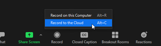 Screen clipping of the Zoom meeting interface showing the Record button pop-up menu with the Record to the Cloud option selected.