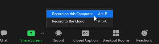 Screen clipping of the Zoom meeting interface showing the Record button pop-up menu with the Record to thi Computer option selected.